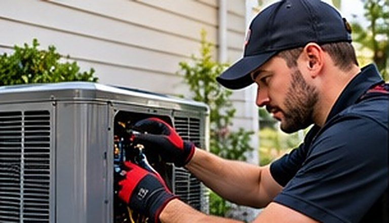 HVAC technician working on the wiring of an outdoor air conditioning unit