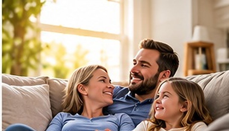 Family relaxing together on a living room sofa in a comfortable home