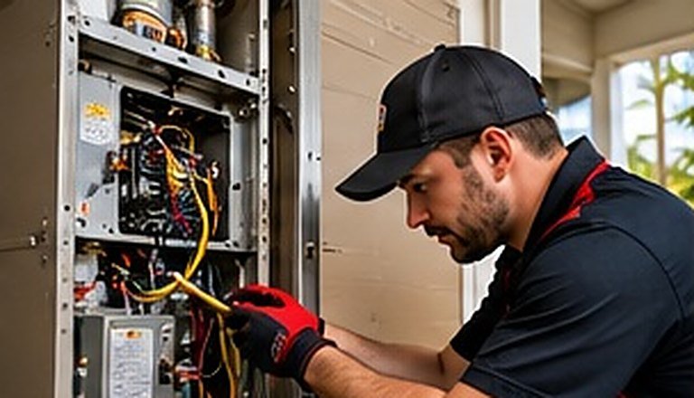 HVAC technician checking wiring inside an indoor furnace cabinet