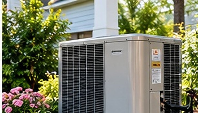 Heat pump outdoor unit on a pad beside a home with flowering shrubs