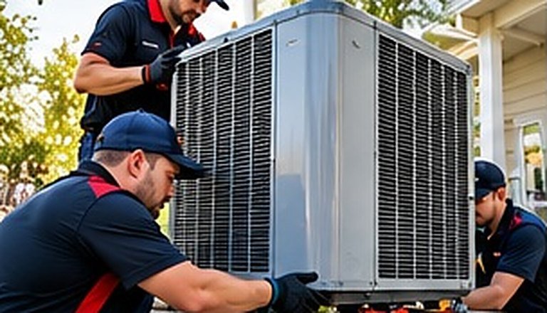 Two technicians positioning a new outdoor air conditioning unit during installation