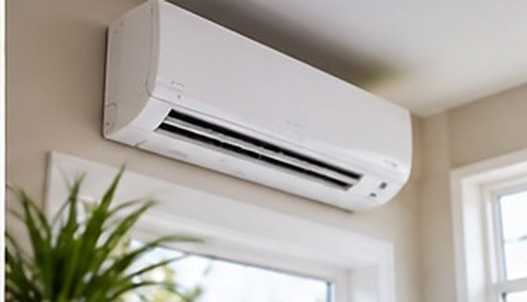 Wall-mounted ductless mini-split indoor unit above a bright window