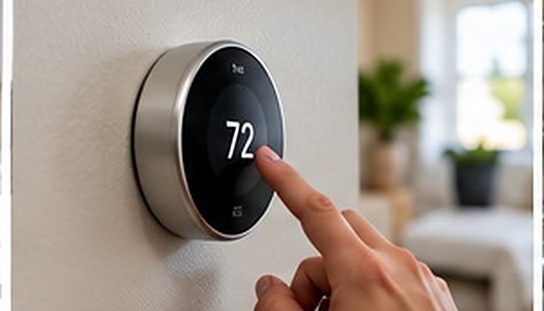 Hand adjusting a smart thermostat set to 72 degrees on a living room wall