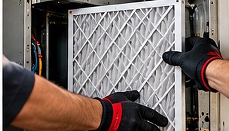 Gloved hand sliding a pleated air filter into an HVAC return