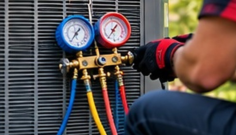Refrigerant manifold gauges connected to an outdoor AC unit during service