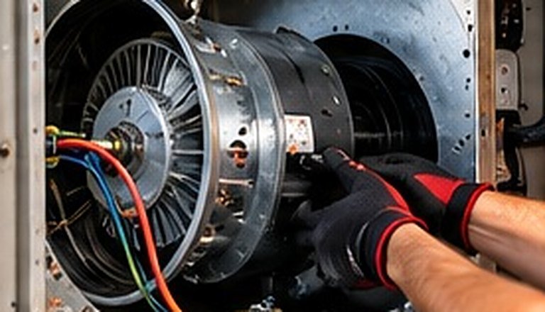 Technician inspecting a blower motor and fan wheel inside an air handler