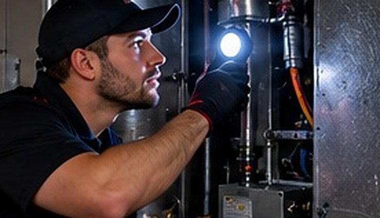 Technician using a flashlight to inspect an indoor HVAC system