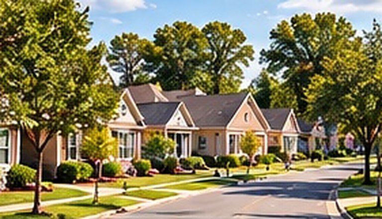 Tree-lined residential street with brick homes and front lawns