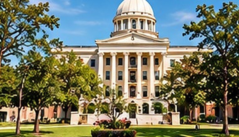 Domed capitol building framed by oak trees and lawns