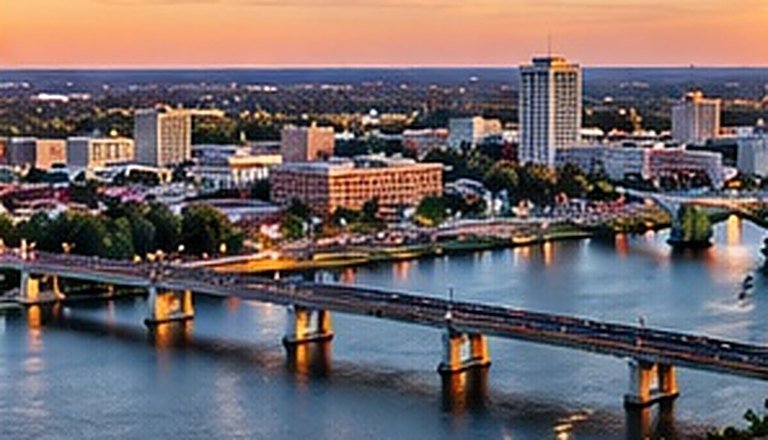 Riverfront city skyline and bridge at sunset