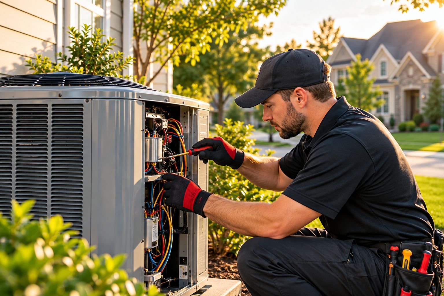 Technician crouched beside an open AC condenser with a tool bag nearby