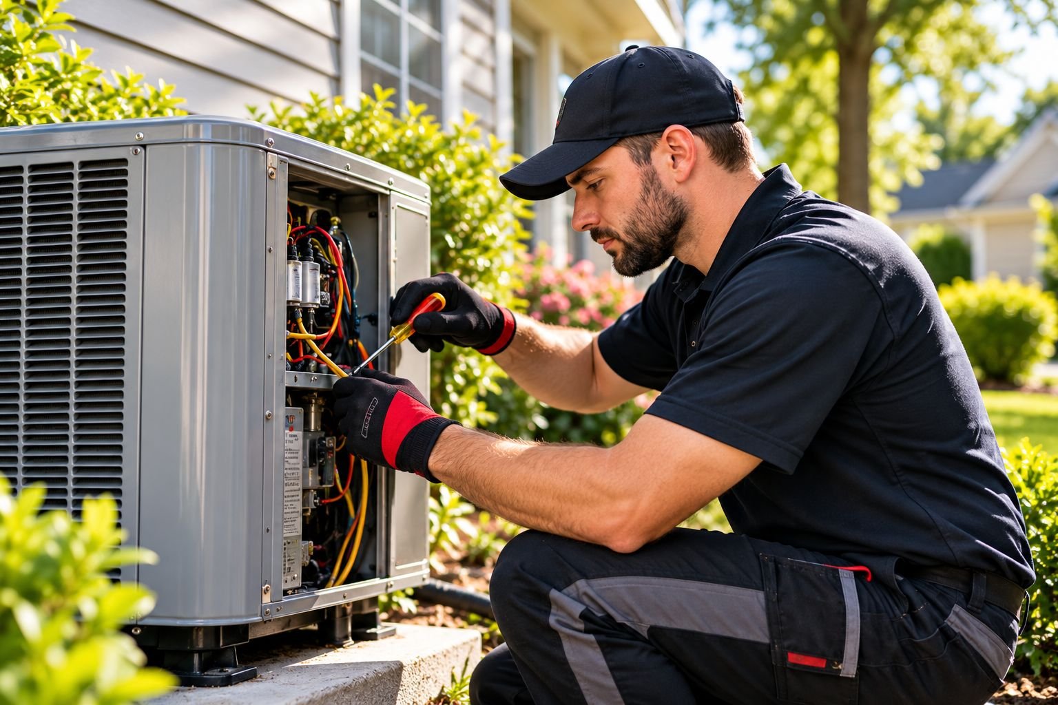 Technician servicing the side panel of an outdoor condenser on a sunny afternoon